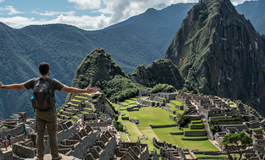 A traveler stands with arms wide open, overlooking the breathtaking ruins of Machu Picchu, surrounded by lush green mountains.