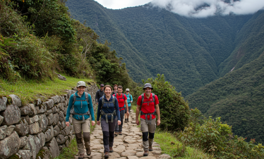 A group of hikers trekking along the ancient stone pathway of the Short Inca Trail, surrounded by lush green mountains and misty clouds.