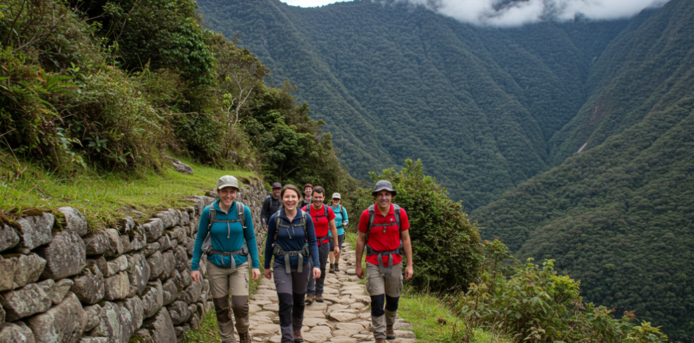 A group of hikers trekking along the ancient stone pathway of the Short Inca Trail, surrounded by lush green mountains and misty clouds.