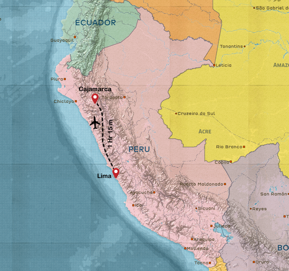 Flight route map from Lima to Cajamarca, Peru, showing a travel time of 1 hour and 15 minutes.