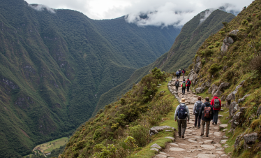 A group of hikers trekking along an ancient stone trail surrounded by lush green mountains. A woman in a red jacket leads the group, while others follow with backpacks and trekking gear. Title: Hikers on the Inca Trail to Machu Picchu