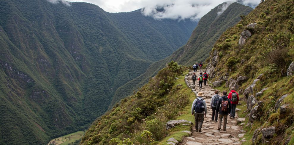 A group of hikers trekking along an ancient stone trail surrounded by lush green mountains. A woman in a red jacket leads the group, while others follow with backpacks and trekking gear. Title: Hikers on the Inca Trail to Machu Picchu
