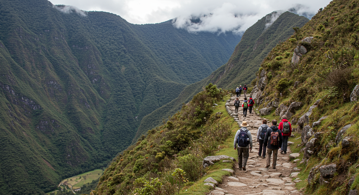 A group of hikers trekking along an ancient stone trail surrounded by lush green mountains. A woman in a red jacket leads the group, while others follow with backpacks and trekking gear. Title: Hikers on the Inca Trail to Machu Picchu