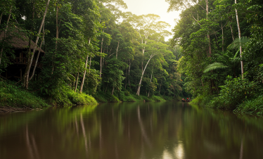 "Amazon river lodge surrounded by lush rainforest in Tambopata, Peru"