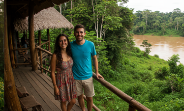 "Happy couple enjoying the Amazon view from Posada Amazonas Lodge balcony"