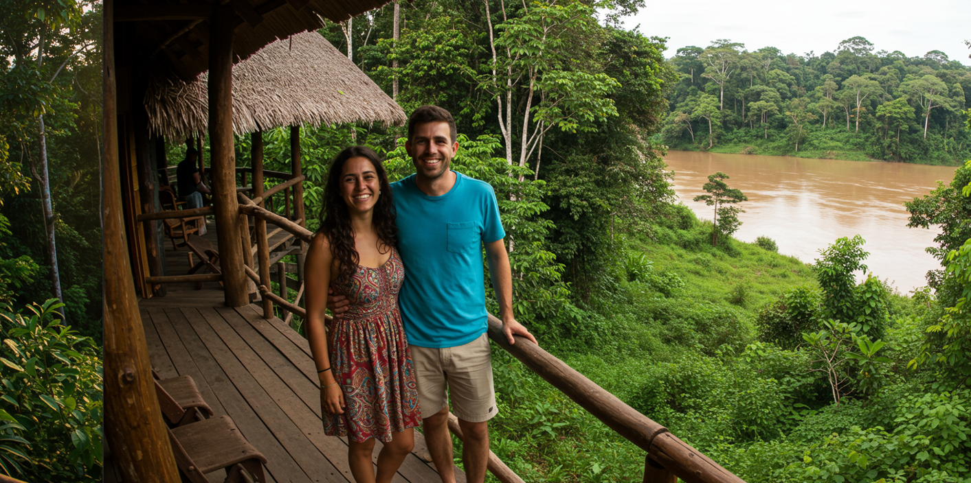 "Happy couple enjoying the Amazon view from Posada Amazonas Lodge balcony"