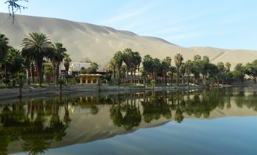 The peaceful lagoon and palm trees of Huacachina oasis in southern Peru.
