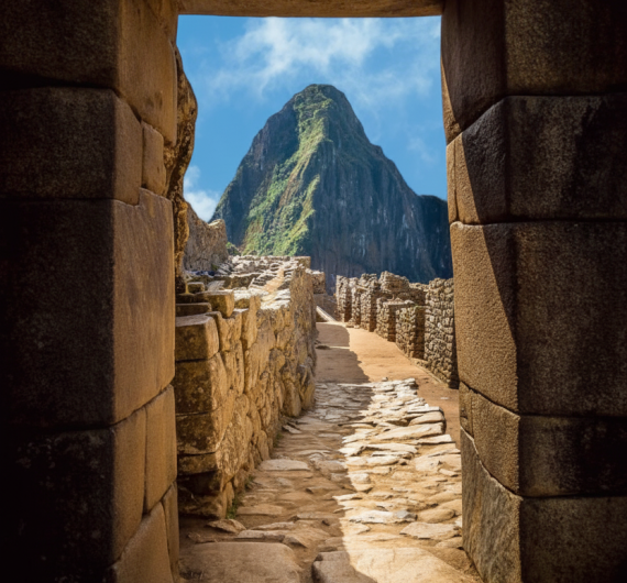 Stone Inca doorway framing a view of Machu Picchu and Huayna Picchu mountain under a partly cloudy sky in Peru.