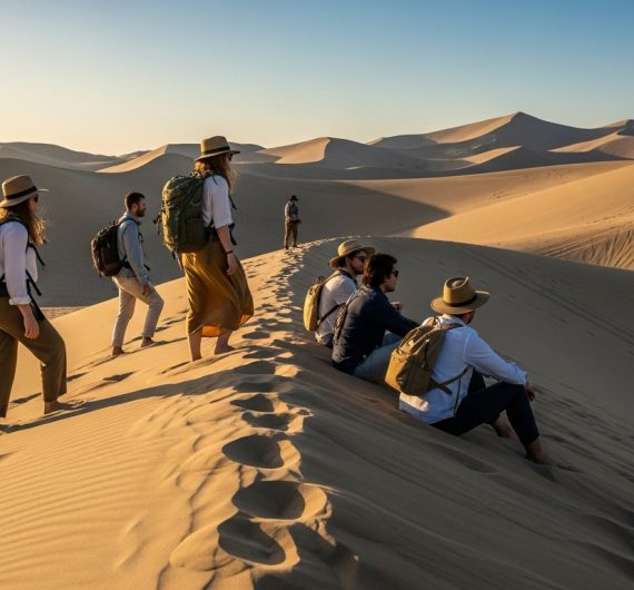 Tourists walking across the golden sand dunes of Ica, Peru, under a bright desert sky.
